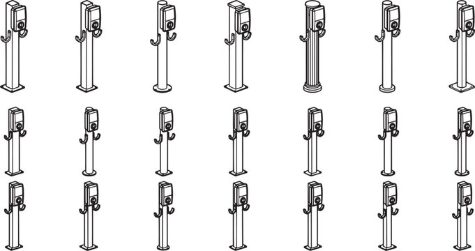 A collection of futuristic charging stations for electric vehicles in a row, symbolizing the future of transport and the shift towards sustainability.