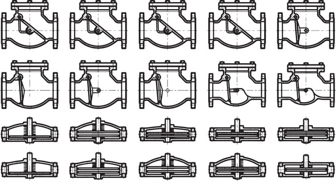 An illustrative, technical diagram showing a collection of metallic non-return valves in meticulous detail, perfectly illustrating mechanical design and functionality.