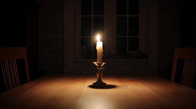 lit candle on wooden table in dark room with chairs and window