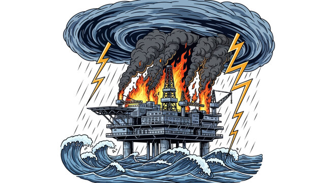 Oil Rig Disaster: Burning Platform in Stormy Seas with Lightning and Hurricane Cloud