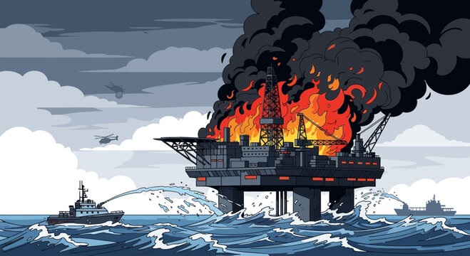 Offshore oil rig ablaze with emergency response helicopters and tugboats battling the inferno at sea