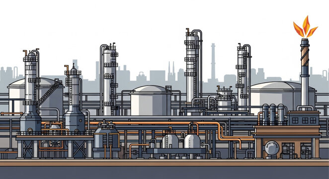 Complex Industrial Oil Refinery Plant with Towers and Storage Tanks.