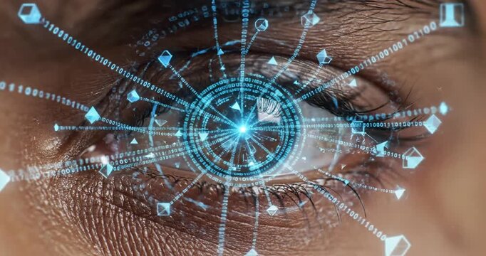 Close-up of human eye with futuristic digital interface and blue circuit lines overlay.