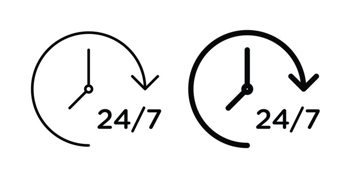 24 Hours a day service icon pack flat black, Editable line icons