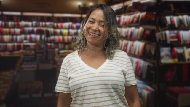 Woman smiles beside colorful bookshelves and stacked books in a bookstore building, wearing striped v neck shirt and relaxed posture; joy.