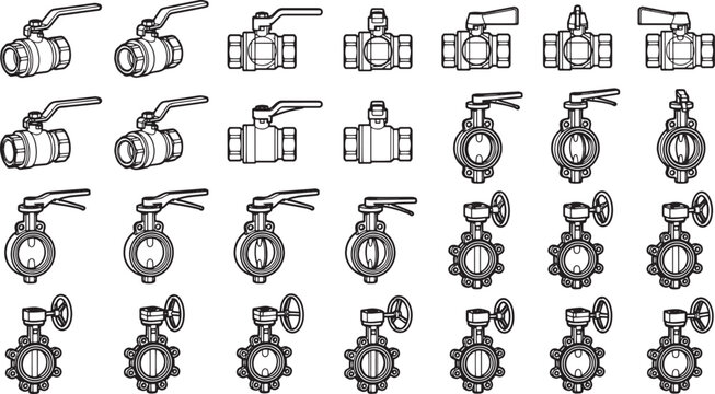 An array of detailed industrial valves showcase precision engineering. A clear, artistic illustration of various valve types with meticulous design, emphasizing functionality and mechanics.