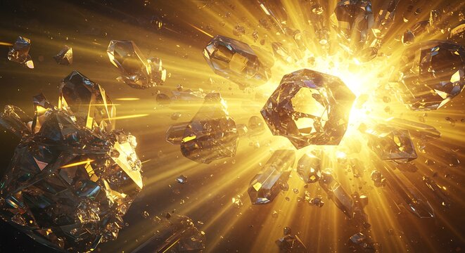 Exploding crystal shards with bright light burst abstract design