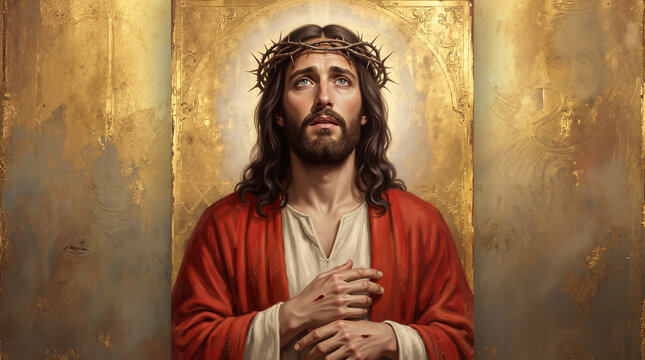 Jesus Christ portrait with crown of thorns on golden background.