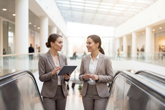 Two elegant female executives walking side by side up an escalator