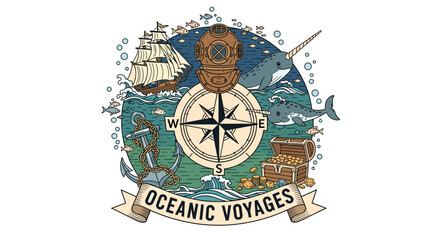 An intricate illustration depicting an oceanic voyage theme with a compass, sailing ship, diving helmet, narwhal, shark, anchor, and treasure chest, all surrounded by waves and bubbles. © grabah