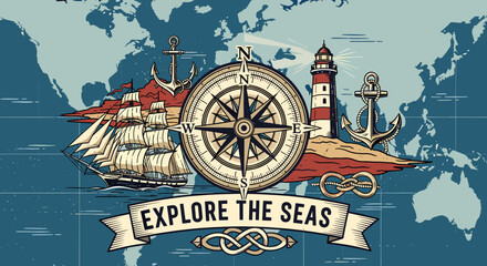 A vintage-style illustration featuring a compass rose, sailing ship, lighthouse, and anchors on a world map background with "EXPLORE THE SEAS" banner. © grabah