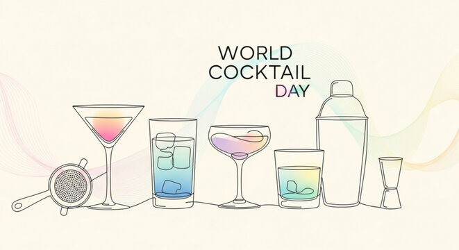 Colorful cocktail glasses and bar tools on world cocktail day celebration background