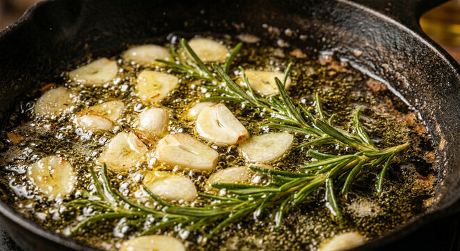 Sizzling Garlic and Rosemary in Boiling Olive Oil