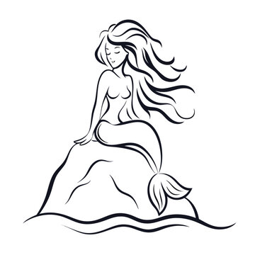 silhouette of a mermaid sitting on a rock with lon (2)(1)
