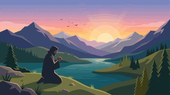 Person kneels in prayer on National Day of Prayer overlooking serene mountain lake at sunrise.