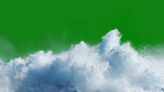 Large ocean wave crashing and breaking with white foam and water spray against a green screen background, ready for visual effects.