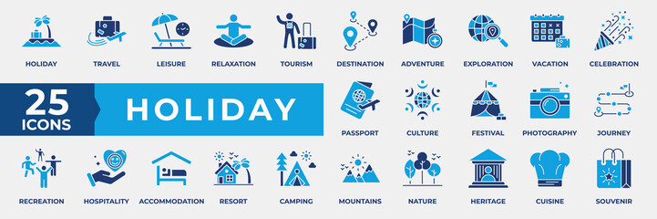 Fototapeta premium Holiday Icon Set. Containing holiday, travel, leisure, relaxation, tourism, destination, adventure, exploration, vacation, celebration, passport and culture. Simple Flat Blue Icon Vector Illustration.