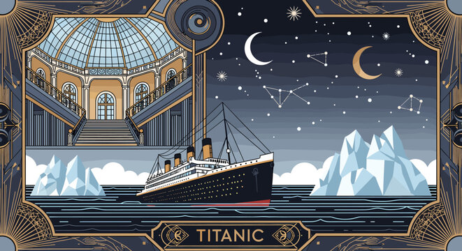 An artistic depiction of the RMS Titanic sailing through icy waters under a starry night sky with celestial constellations.