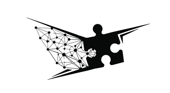 Puzzle piece merges with a complex digital network of interconnected nodes to illustrate the technological concept of problem solving, data integration, and the fusion of logic with innovation.