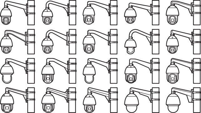 Security Surveillance Camera Array: A repetitive pattern of security cameras, representing vigilance and comprehensive monitoring, creating a sense of constant observation and protection.