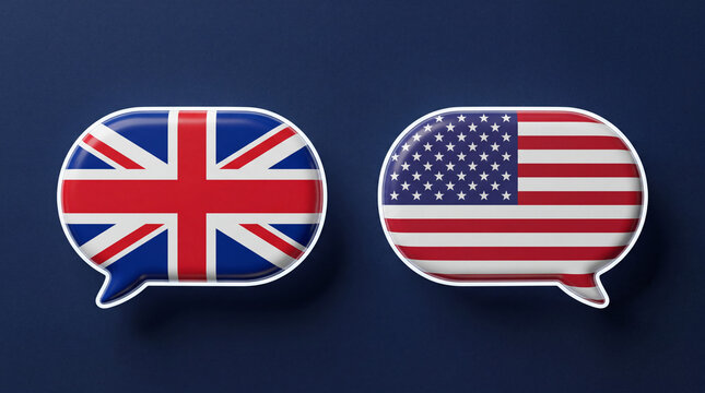 Flags of the United Kingdom and the United States placed in speech bubbles on a dark blue background for an illustration of language and communication