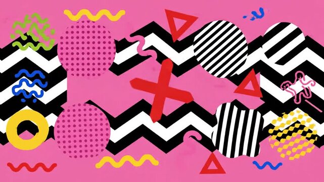 Experience an extreme explosion of dynamic, retro-inspired graphic action, featuring vibrant abstract shapes and bold patterns on a lively pink background