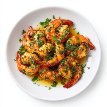 ambas al ajillo with sauted shrimp garlic and parsley isolated on a white background