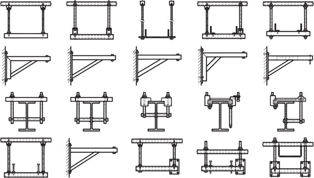 An illustration of various bracket designs for use in construction or design, showcasing a range of structural supports, including a diversity of shapes, angles and attachment styles.