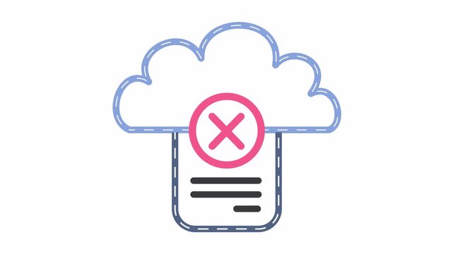 Rejected cloud document icon with an error cross mark isolated on an alpha channel. Flat design cloud computing animation for data storage failure symbol. Minimalist failed digital transfer file.