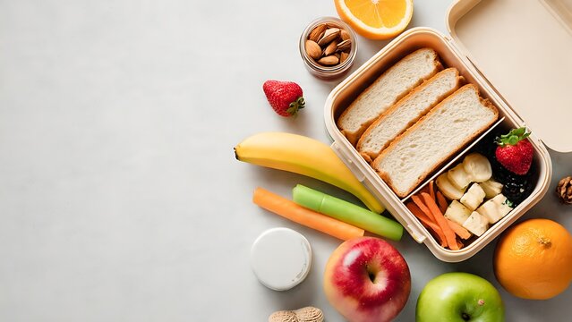 Varied healthy lunch box with bread  fruit  and vegetables