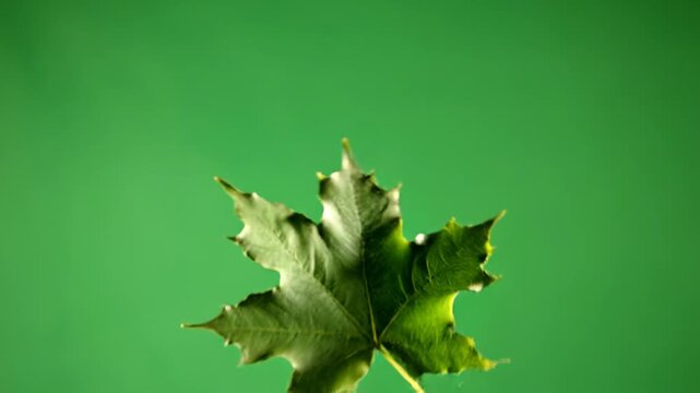 Fresh Green Maple Leaf Spinning and Falling in Slow Motion Against a Vibrant Green Background