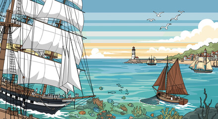A vibrant cartoon illustration of a bustling harbor with various sailing ships, a lighthouse, and a coastal town under a warm sky. © umah