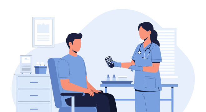 Nurse checks patient's blood sugar level with glucometer in clinic examination room