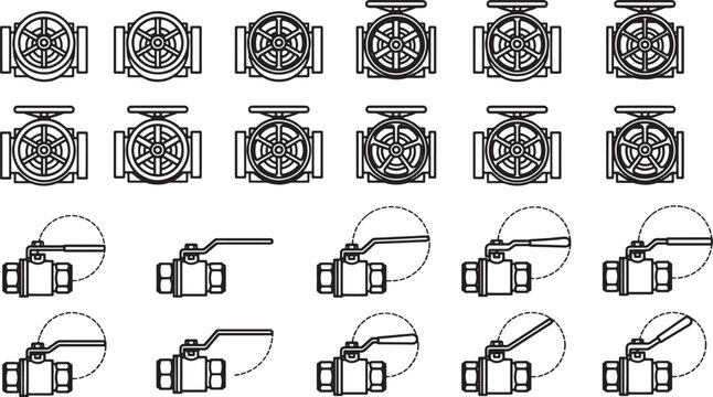 Collection of industrial valves arranged in rows, illustrating diverse types and operational angles. Perfectly suited for engineering schematics. 