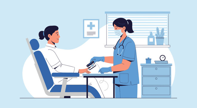 Nurse checks patient's vital signs with pulse oximeter in clinic, medical checkup concept