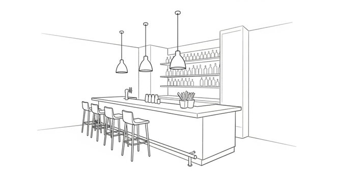 Sketch of a modern bar interior with stools and lighting.