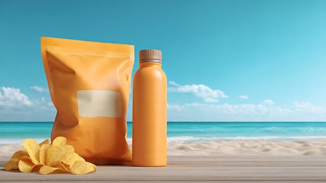 Beach day snack display with blank orange packaging