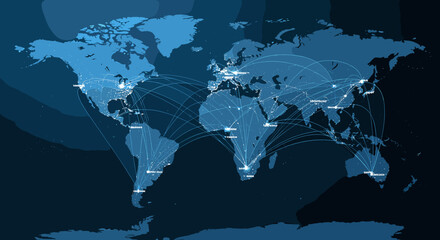 A digital blue world map illustrating global connections and network routes between major cities and continents, symbolizing international communication and data flow. © grabah