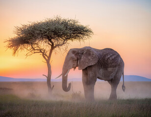 Naklejka premium African elephant standing near acacia tree at sunset in savanna landscape, peaceful wildlife scene