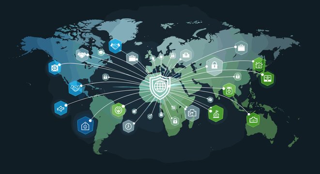 A global network security concept showing a world map with interconnected icons representing data protection, cybersecurity, and worldwide digital services.