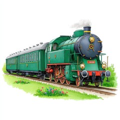 Fototapeta premium Vintage Green Steam Train on Wildflower Meadow Watercolor Painting