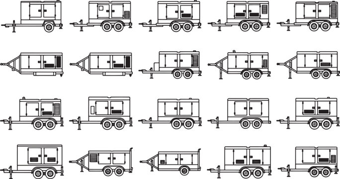 A collection of trailer illustrations, meticulously drawn with a monochrome aesthetic, showcasing variations of design and function.