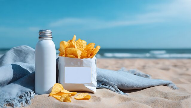 White bottle and chips bag with blank label on sandy beach
