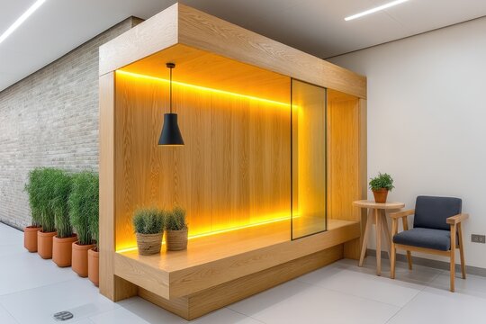 Warmly Lit Wooden Structure with Glass Panel Potted Plants and Minimalist Furniture in a Modern Interior