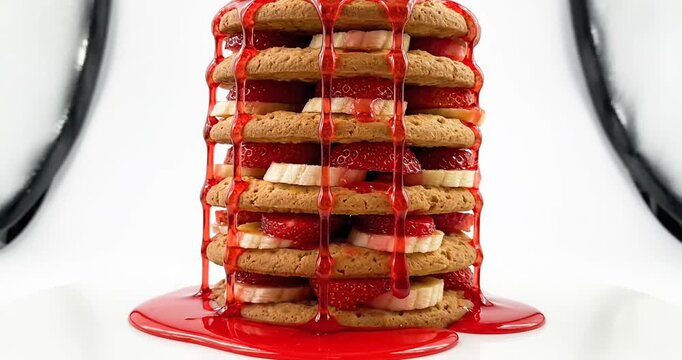 Stacked cookies layered with fresh strawberries and dripping red syrup on a white plate