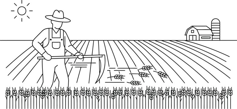 Hardworking farmer in a wide brimmed hat harvests ripe golden wheat using a traditional manual hand scythe during summer