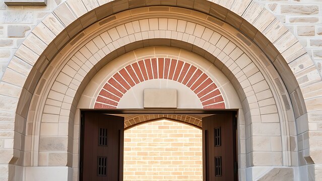 overfed. Stone arch doorway with radial brick pattern and central keystone in daylight. real-estate listings.