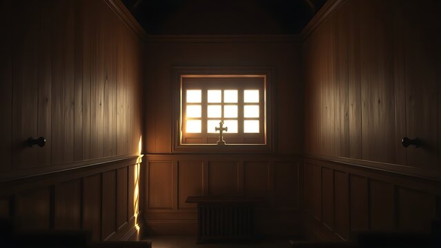 kneeler. The interior of an empty confessional booth with soft light entering through a wooden lattice. event programs, museum guides, designed for cultural heritage projects and event programs.