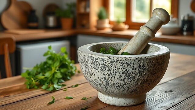 labdanum. A rustic stone mortar and pestle with green herbal paste on a wooden table in a cozy kitchen. menu design, packaging mockups, designed for culinary blogs and recipe cards for restaurants.