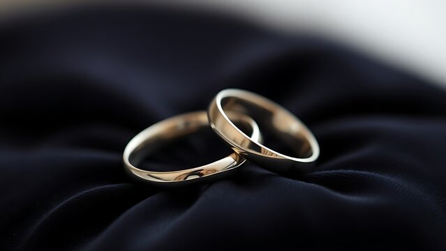 electroluminescence. Two silver wedding bands overlapping on dark velvet fabric. lifestyle magazines, social media lookbooks, designed for lifestyle magazines and social media content.